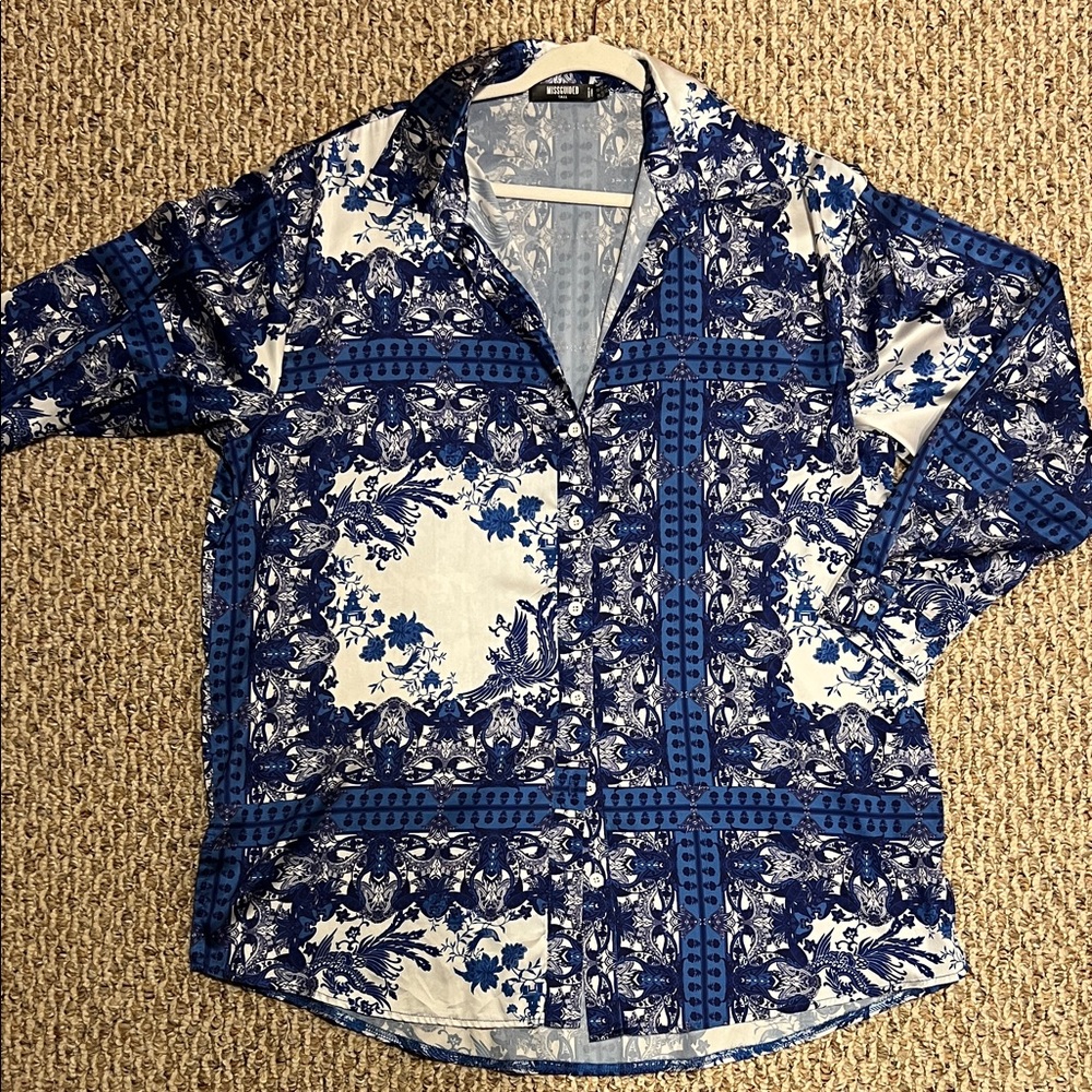 Missguided Blue and White Silk Button Down Shirt